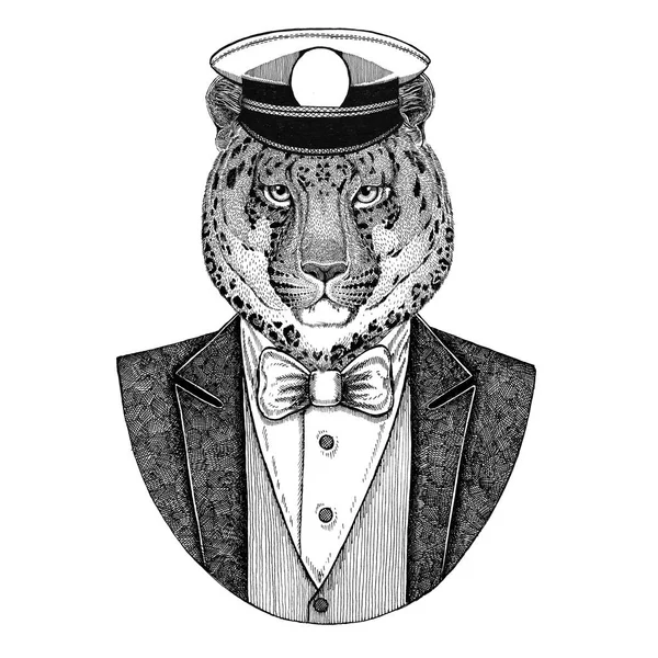 Gato selvagem Leopardo Gato-o-montanha Pantera Animal vestindo jaqueta com gravata borboleta e capitães pico cap Elegante marinheiro, marinha, capitão, pirata. Imagem para tatuagem, t-shirt, emblema, crachá, logotipo, remendos — Fotografia de Stock