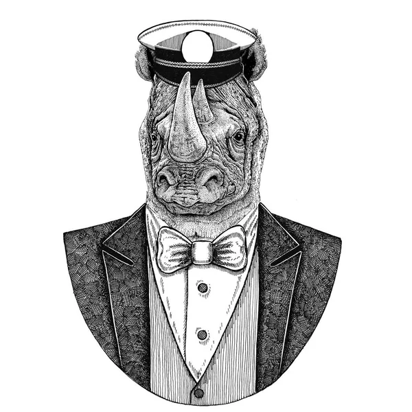 Rhinoceros, rhino Animal wearing jacket with bow-tie and capitans peaked cap Elegant sailor, navy, capitan, pirate. Image for tattoo, t-shirt, emblem, badge, logo, patches — Stock Photo, Image