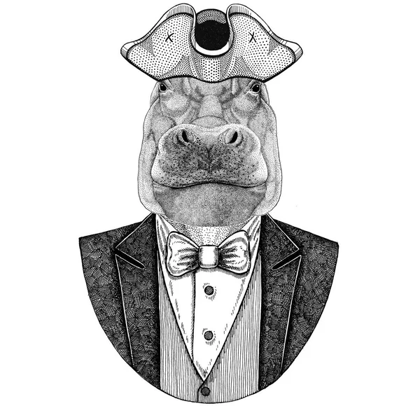Hippo, Hippopotamus, behemoth, river-horse Animal wearing cocked hat, tricorn Hand drawn image for tattoo, t-shirt, emblem, badge, logo, patches