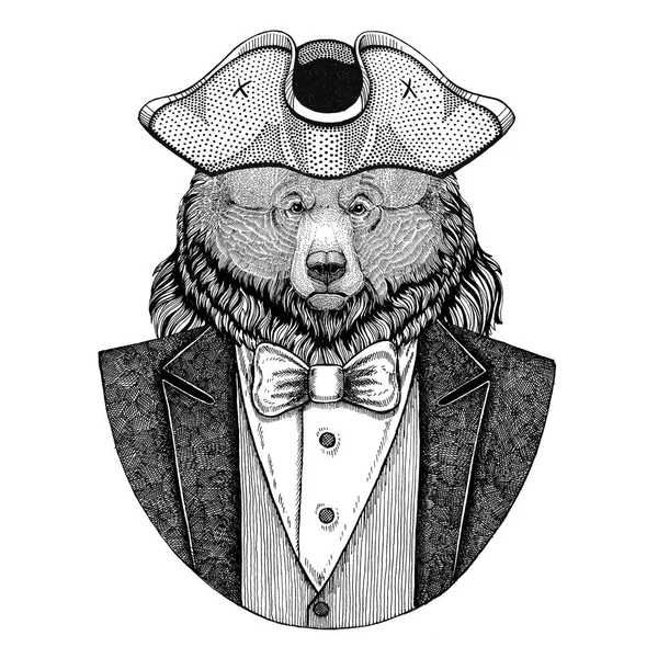 Grizzly bear stora vilda björnen djur bär trekantig hatt, tricorn handen ritade bilden för tatuering, t-shirt, emblem, badge, logotyp, patchar — Stockfoto