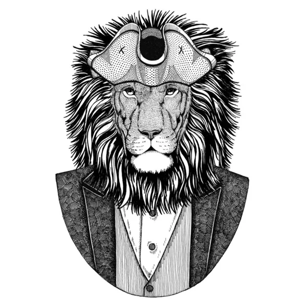 Wild Lion Animal portant un chapeau armé, tricorne Image dessinée à la main pour tatouage, t-shirt, emblème, insigne, logo, patchs — Photo