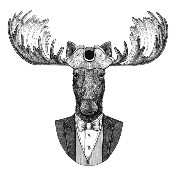 Moose, elk Animal wearing cocked hat, tricorn Hand drawn image for tattoo, t-shirt, emblem, badge, logo, patches — Stock Photo, Image