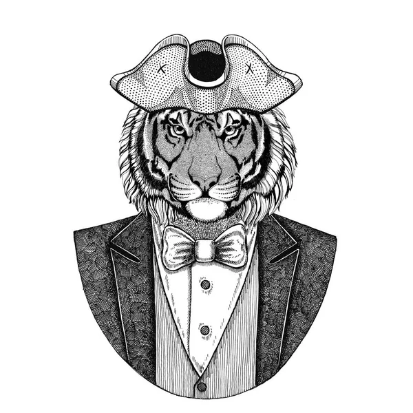 Tigre salvaje Animal con sombrero amartillado, tricornio Imagen dibujada a mano para tatuaje, camiseta, emblema, insignia, logotipo, parches —  Fotos de Stock