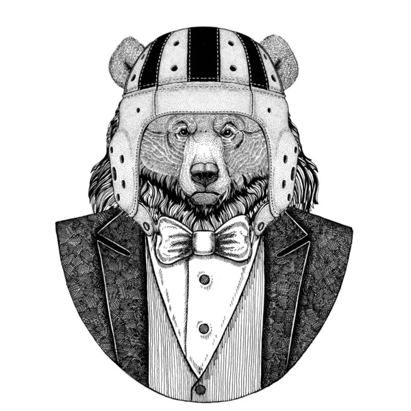 Orso, orso grizzly Elegante giocatore di rugby. Casco da rugby vintage old school. Football americano. Illustrazione in stile vintage per tatuaggio, emblema, distintivo, logo, patch, t-shirt — Foto Stock