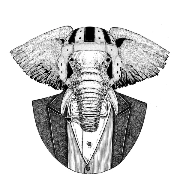 Elefante africano ou indiano Elegante jogador de rugby. Capacete de rugby vintage da velha escola. Futebol americano. Ilustração de estilo vintage para tatuagem, emblema, crachá, logotipo, remendo, t-shirt — Fotografia de Stock