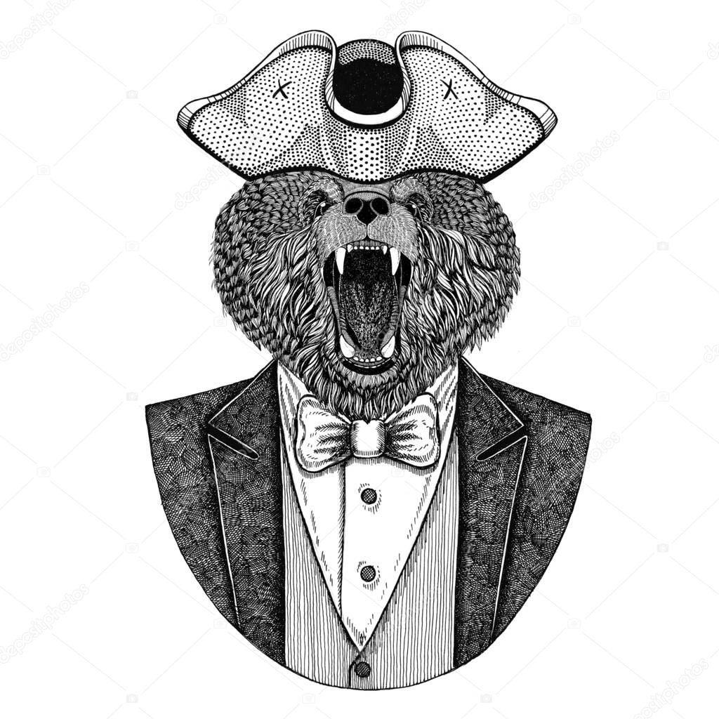 Bear Animal wearing cocked hat, tricorn Hand drawn image for tattoo, t-shirt, emblem, badge, logo, patch
