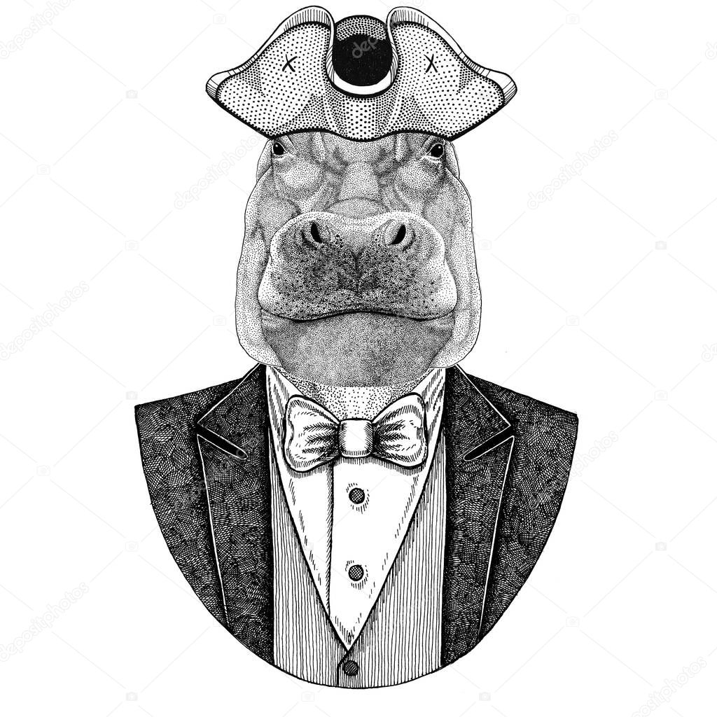 Hippo, Hippopotamus, behemoth, river-horse Animal wearing cocked hat, tricorn Hand drawn image for tattoo, t-shirt, emblem, badge, logo, patches