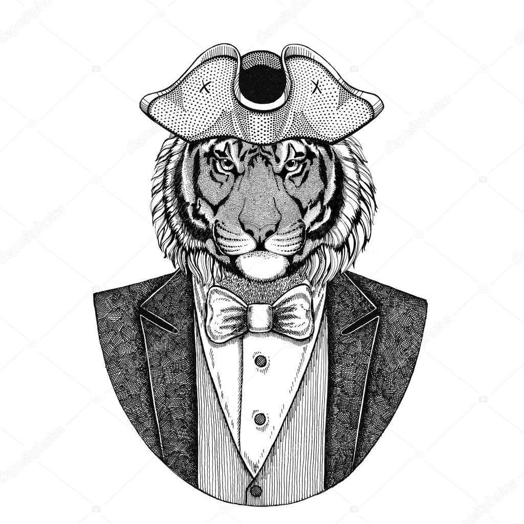 Wild tiger Animal wearing cocked hat, tricorn Hand drawn image for tattoo, t-shirt, emblem, badge, logo, patches