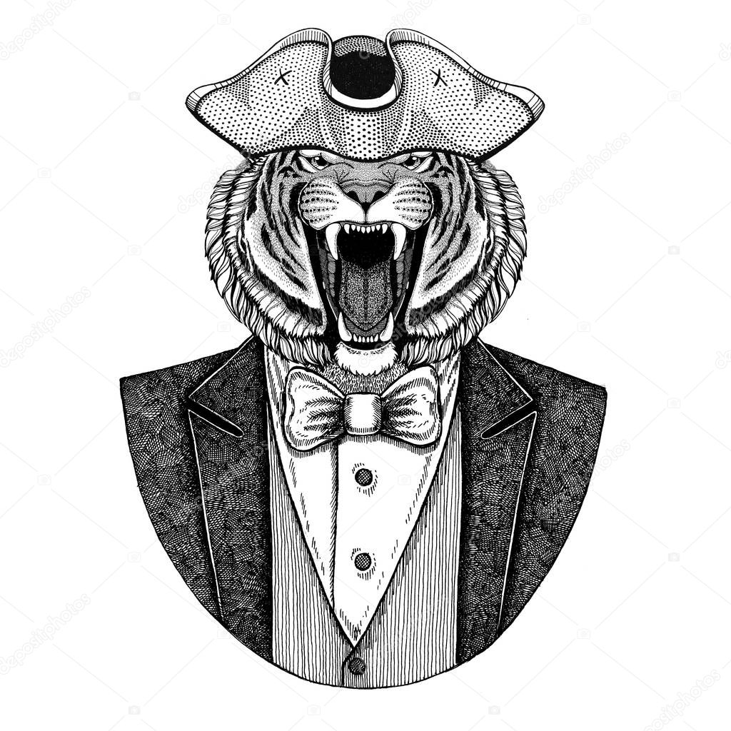 Wild tiger Animal wearing cocked hat, tricorn Hand drawn image for tattoo, t-shirt, emblem, badge, logo, patches