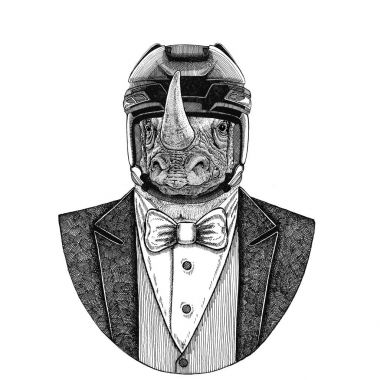 Gergedan, gergedan hayvan giyen ceketle papyon ve hokey kask ya da aviatior kask. Zarif hokey oyuncusu. Dövme, t-shirt, amblem, rozet, logo, yama için görüntü