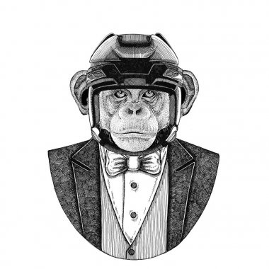 Şempanze, maymun, maymun hayvan papyon ve hokey kask ya da aviatior kask ile ceket giyiyor. Zarif hokey oyuncusu. Dövme, t-shirt, amblem, rozet, logo, yama için görüntü