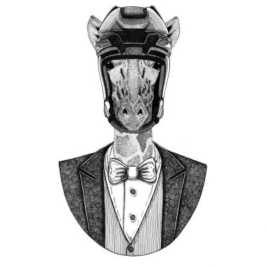 Camelopard, zürafa hayvan giyen ceketle papyon ve hokey kask ya da aviatior kask. Zarif hokey oyuncusu. Dövme, t-shirt, amblem, rozet, logo, yama için görüntü