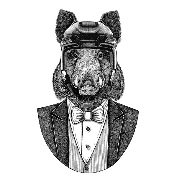 Aper zwijnen, zwijn, wild zwijn dierlijke dragen vest met ' bow-tie en hockey helm of aviatior helm. Elegante hockeyer. Afbeelding voor tattoo, t-shirt, embleem, badge, logo, patch — Stockfoto