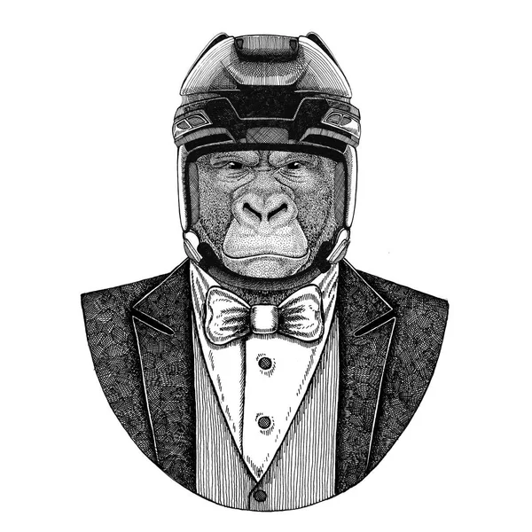 Gorille, singe, singe Effroyable animal Veste d'animal avec nœud papillon et casque de hockey ou casque aviatior. Élégant joueur de hockey. Image pour tatouage, t-shirt, emblème, insigne, logo, patch — Photo