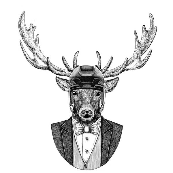 Deer Animal wearing jacket with bow-tie and hockey helmet or aviatior helmet. Elegant hockey player. Image for tattoo, t-shirt, emblem, badge, logo, patch — Stock Photo, Image