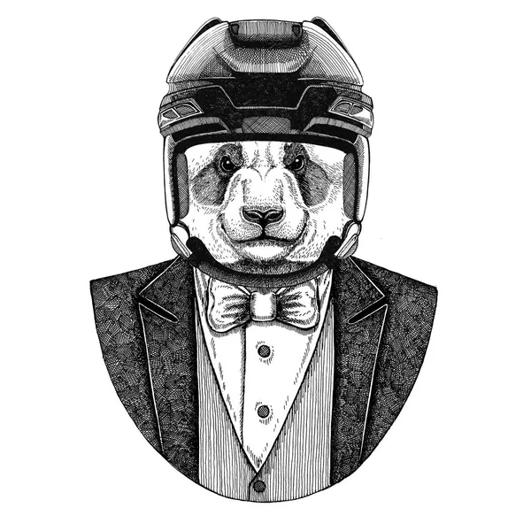 Панда ведмідь, бамбуковий ведмідь Тварина в куртці з бантом і хокейним шоломом або авіаційним шоломом. Елегантний хокеїст. Зображення для татуювання, футболки, емблеми, значка, логотипу, латки — стокове фото
