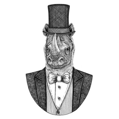 Gergedan, rhino. Papyon ve ipek şapka, kunduz şapka, silindir şapka ile ceket hayvan. Zarif vintage hayvan. Dövme, t-shirt, amblem, rozet, logo, yama için görüntü