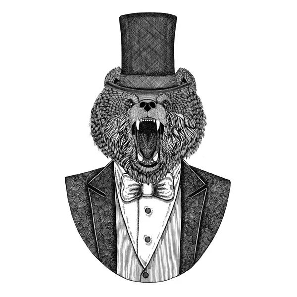 Бурый медведь, русский медведь. Животное в куртке с галстуком-бабочкой и шелковой шляпой, шляпе бобра, цилиндрической цилиндрической цилиндре. Элегантное винтажное животное. Изображение для татуировки, футболки, эмблемы, значка, логотипа, патча — стоковое фото