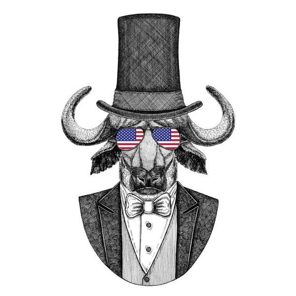 Buffalo, bull, ox. Animal wearing jacket with bow-tie and silk hat, beaver hat, cylinder top hat. Elegant vintage animal. Image for tattoo, t-shirt, emblem, badge, logo, patch — Stock Photo, Image