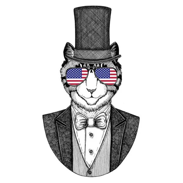 Afbeelding van binnenlandse kat. Dier vest met ' bow-tie en silk hoed, beaver hat, cilinder hoge hoed dragen. Elegante vintage dier. Afbeelding voor tattoo, t-shirt, embleem, badge, logo, patch — Stockfoto