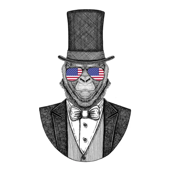 Gorilla, aap, ape. Dier vest met ' bow-tie en silk hoed, beaver hat, cilinder hoge hoed dragen. Elegante vintage dier. Afbeelding voor tattoo, t-shirt, embleem, badge, logo, patch — Stockfoto