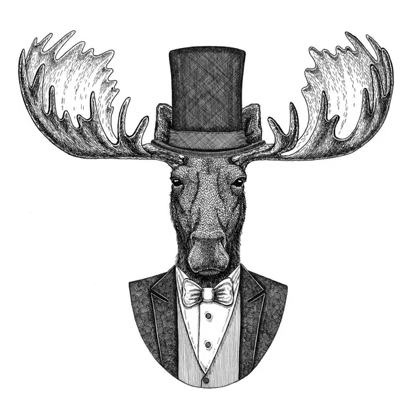 Moose, elk. Animal wearing jacket with bow-tie and silk hat, beaver hat, cylinder top hat. Elegant vintage animal. Image for tattoo, t-shirt, emblem, badge, logo, patch — Stock Photo, Image