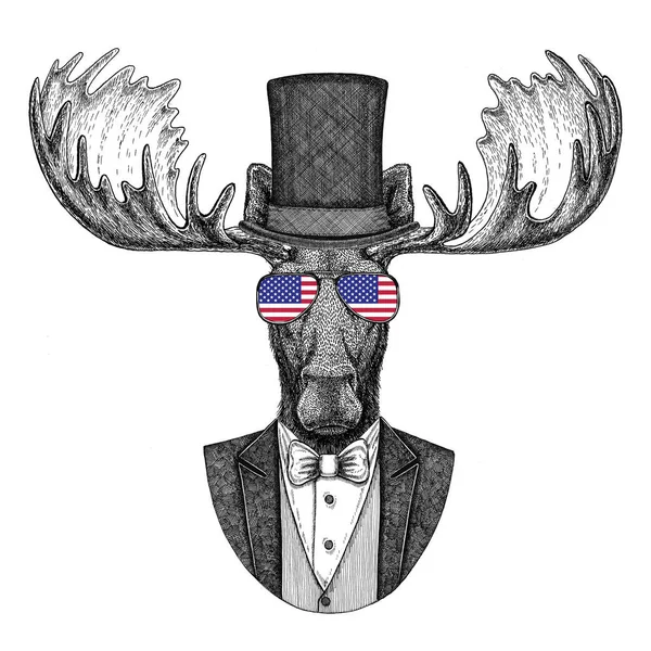 Eland, elanden. Dier vest met ' bow-tie en silk hoed, beaver hat, cilinder hoge hoed dragen. Elegante vintage dier. Afbeelding voor tattoo, t-shirt, embleem, badge, logo, patch — Stockfoto