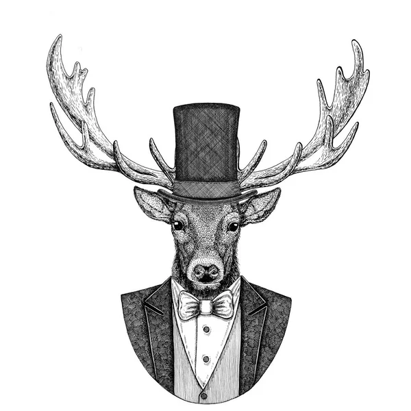 Deer Animal wearing jacket with bow-tie and silk hat, beaver hat, cylinder top hat. Elegant vintage animal. Image for tattoo, t-shirt, emblem, badge, logo, patch — Stock Photo, Image