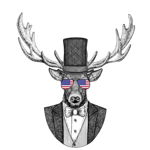 Ciervo Animal vistiendo chaqueta con pajarita y sombrero de seda, sombrero de castor, sombrero de copa. Elegante animal vintage. Imagen para tatuaje, camiseta, emblema, placa, logotipo, parche —  Fotos de Stock