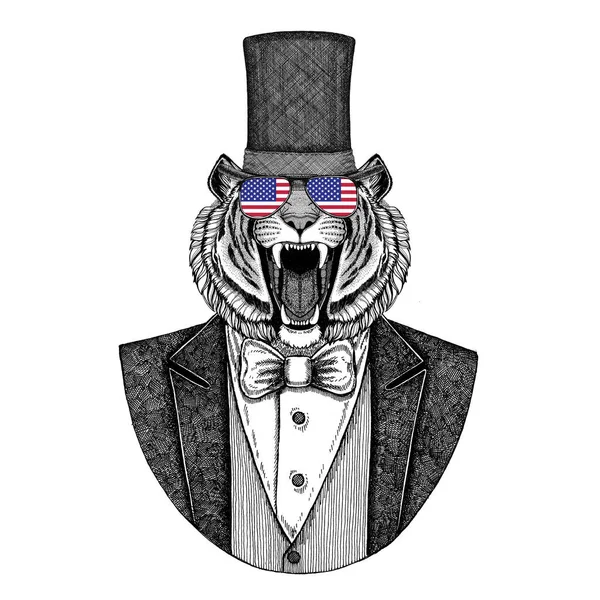 Wilde tijger. Dier vest met ' bow-tie en silk hoed, beaver hat, cilinder hoge hoed dragen. Elegante vintage dier. Afbeelding voor tattoo, t-shirt, embleem, badge, logo, patch — Stockfoto