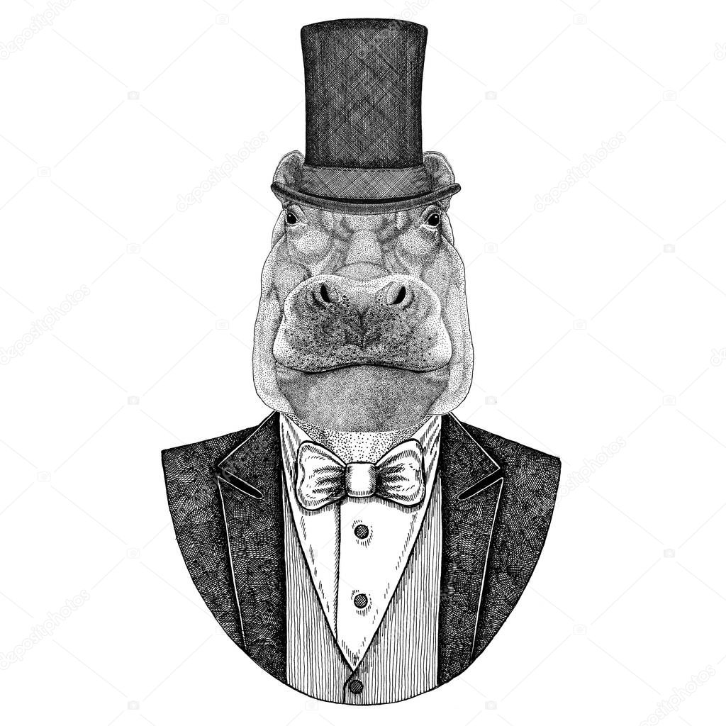Hippo, Hippopotamus, behemoth, river-horse. Animal wearing jacket with bow-tie and silk hat, beaver hat, cylinder top hat. Elegant vintage animal. Image for tattoo, t-shirt, emblem, badge, logo, patch