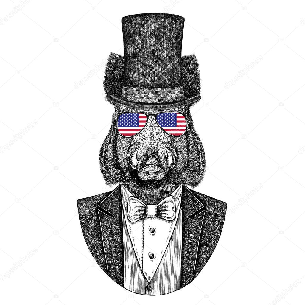 c. Animal wearing jacket with bow-tie and silk hat, beaver hat, cylinder top hat. Elegant vintage animal. Image for tattoo, t-shirt, emblem, badge, logo, patch