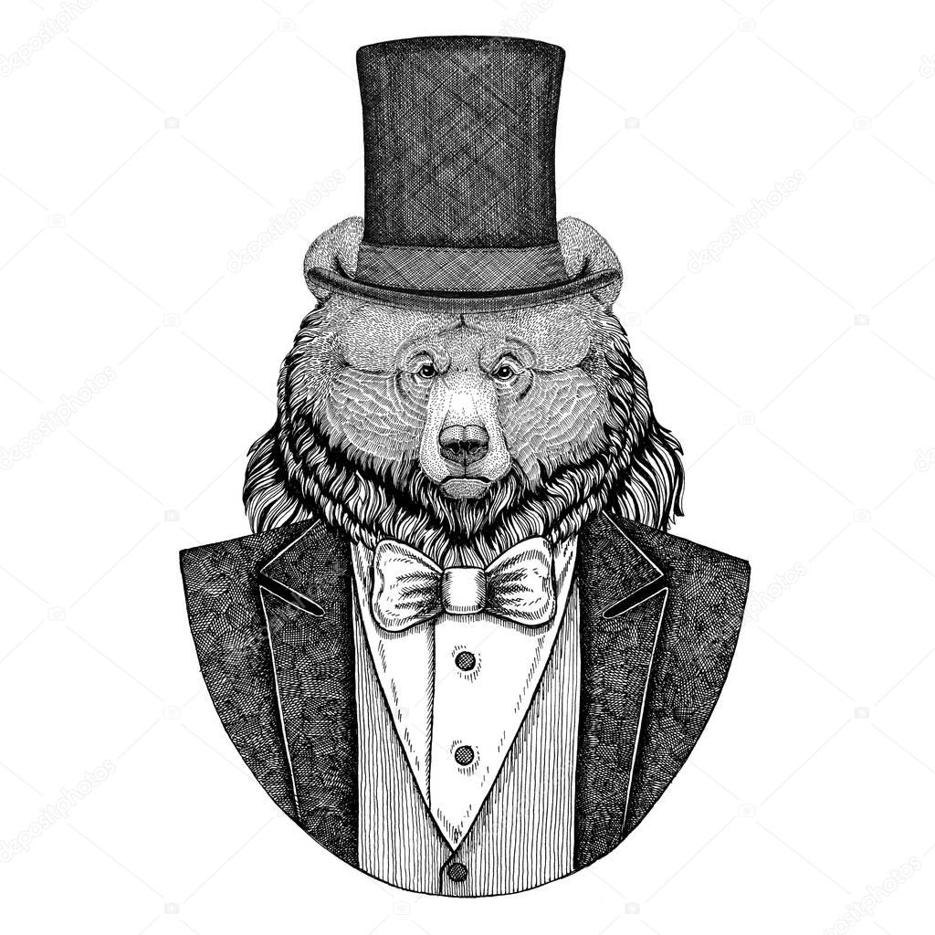 Grizzly bear Big wild bear. Animal wearing jacket with bow-tie and silk hat, beaver hat, cylinder top hat. Elegant vintage animal. Image for tattoo, t-shirt, emblem, badge, logo, patch
