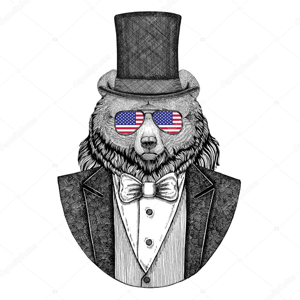 Grizzly bear Big wild bear. Animal wearing jacket with bow-tie and silk hat, beaver hat, cylinder top hat. Elegant vintage animal. Image for tattoo, t-shirt, emblem, badge, logo, patch