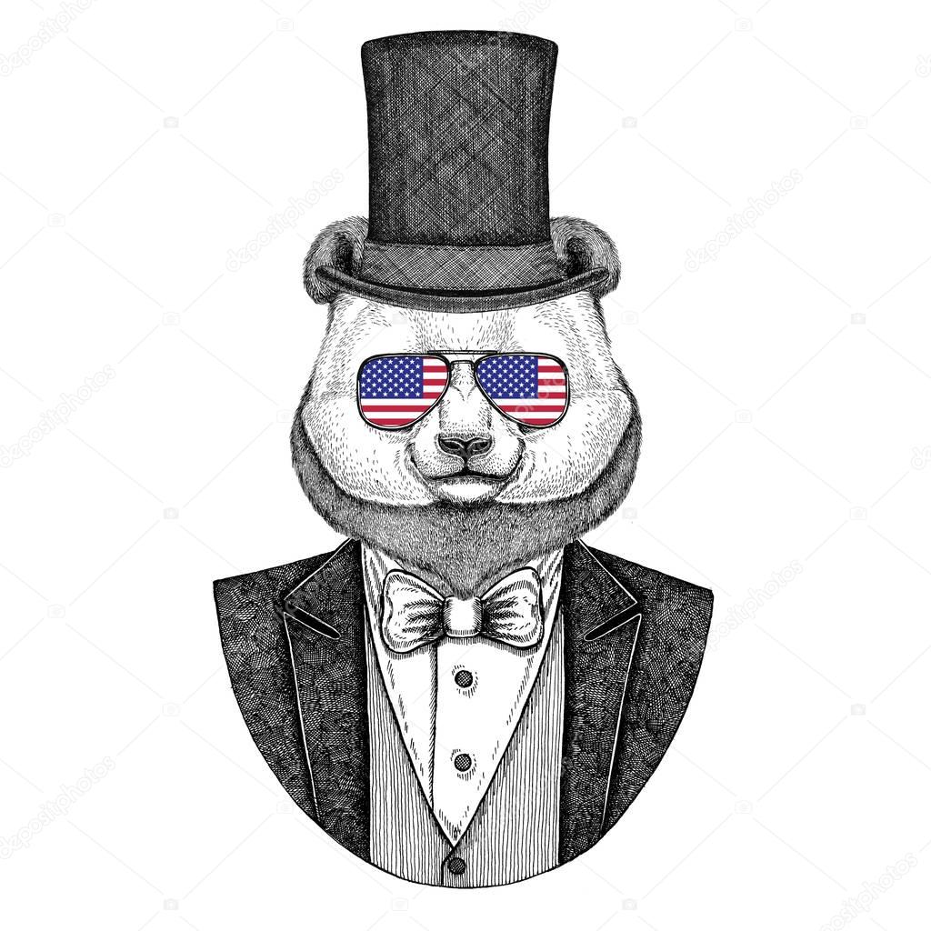 Panda bear, bamboo bear. Animal wearing jacket with bow-tie and silk hat, beaver hat, cylinder top hat. Elegant vintage animal. Image for tattoo, t-shirt, emblem, badge, logo, patch