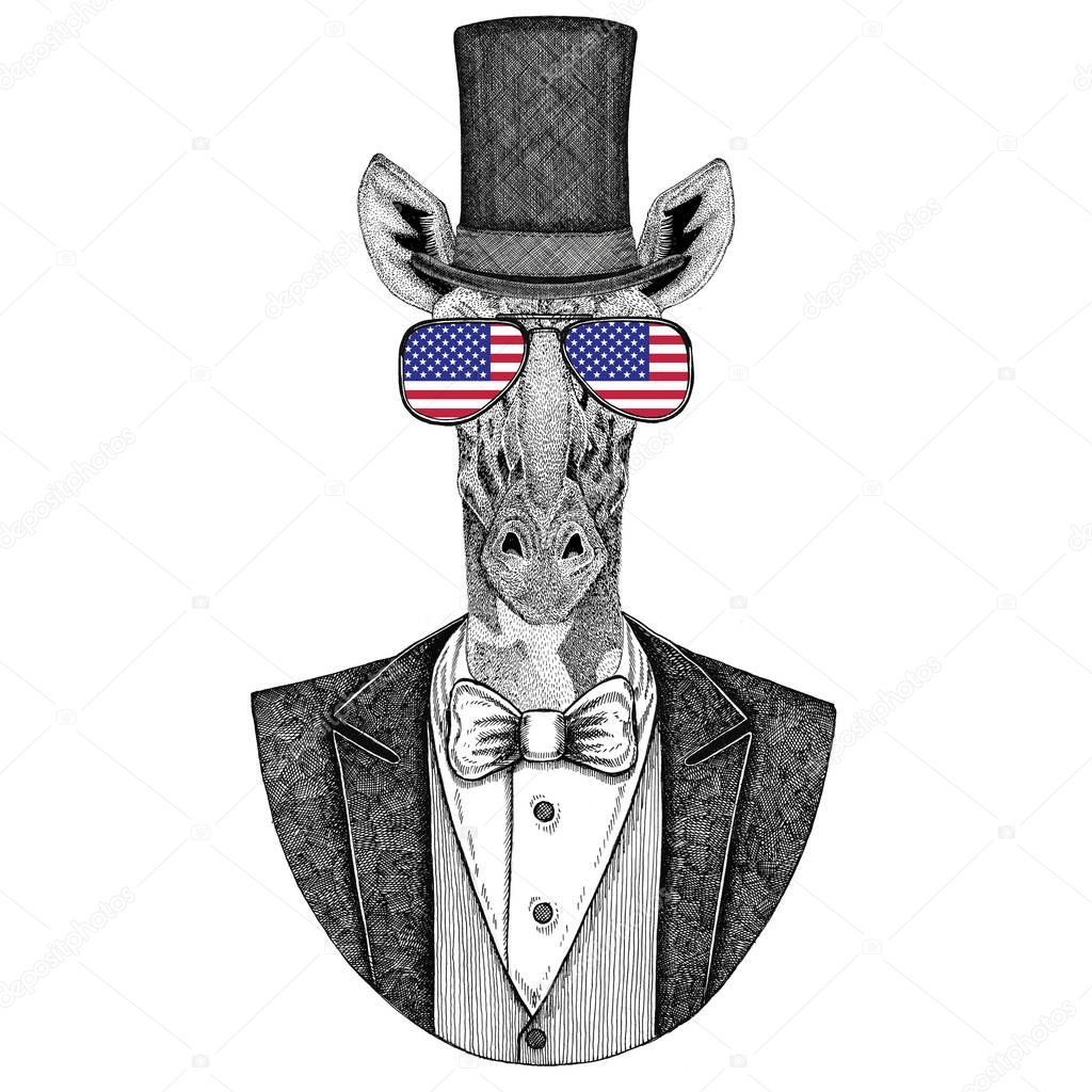 Camelopard, giraffe. Animal wearing jacket with bow-tie and silk hat, beaver hat, cylinder top hat. Elegant vintage animal. Image for tattoo, t-shirt, emblem, badge, logo, patch