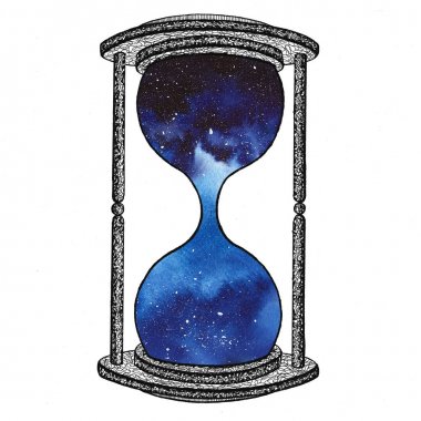 Beyaz arka plan üzerinde kum saati. Gelecekteki kavramı. Kum saati ile yer galaksiye içinde. Gerçekçi vintage için iş projesi, t-shirt kum saati.