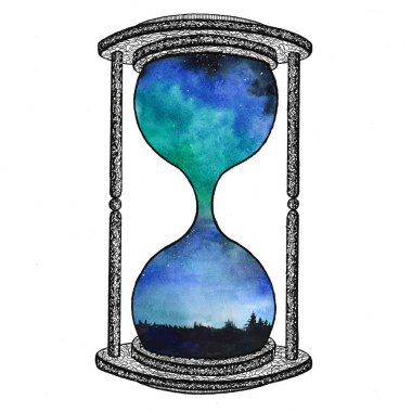 Beyaz arka plan üzerinde kum saati. Gelecekteki kavramı. Kum saati ile yer galaksiye içinde. Gerçekçi vintage için iş projesi, t-shirt kum saati.