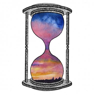 Beyaz arka plan üzerinde kum saati. Gelecekteki kavramı. Kum saati ile yer galaksiye içinde. Gerçekçi vintage için iş projesi, t-shirt kum saati.