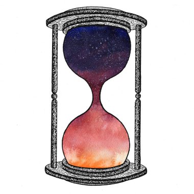 Beyaz arka plan üzerinde kum saati. Gelecekteki kavramı. Kum saati ile yer galaksiye içinde. Gerçekçi vintage için iş projesi, t-shirt kum saati.