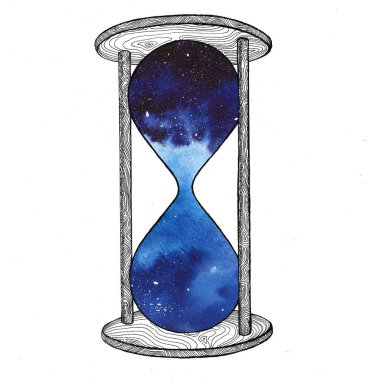 Beyaz arka plan üzerinde kum saati. Gelecekteki kavramı. Kum saati ile yer galaksiye içinde. Gerçekçi vintage için iş projesi, t-shirt kum saati.