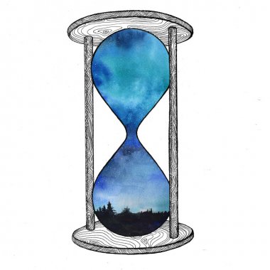 Beyaz arka plan üzerinde kum saati. Gelecekteki kavramı. Kum saati ile yer galaksiye içinde. Gerçekçi vintage için iş projesi, t-shirt kum saati.