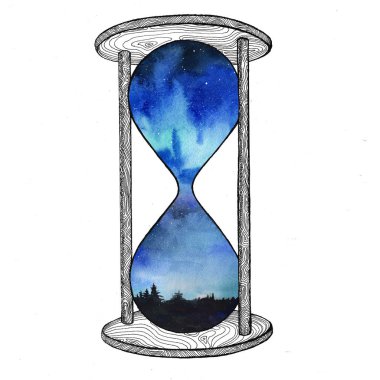 Beyaz arka plan üzerinde kum saati. Gelecekteki kavramı. Kum saati ile yer galaksiye içinde. Gerçekçi vintage için iş projesi, t-shirt kum saati.