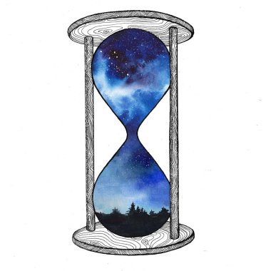 Beyaz arka plan üzerinde kum saati. Gelecekteki kavramı. Kum saati ile yer galaksiye içinde. Gerçekçi vintage için iş projesi, t-shirt kum saati.