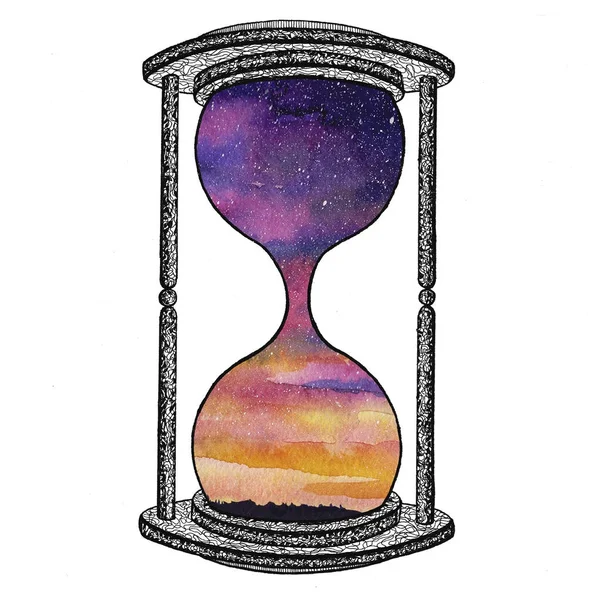 Hourglass on white background. Future concept. Sand clock with space galaxy inside. Realistic vintage hourglass for business project, t-shirt. — Stock Photo, Image