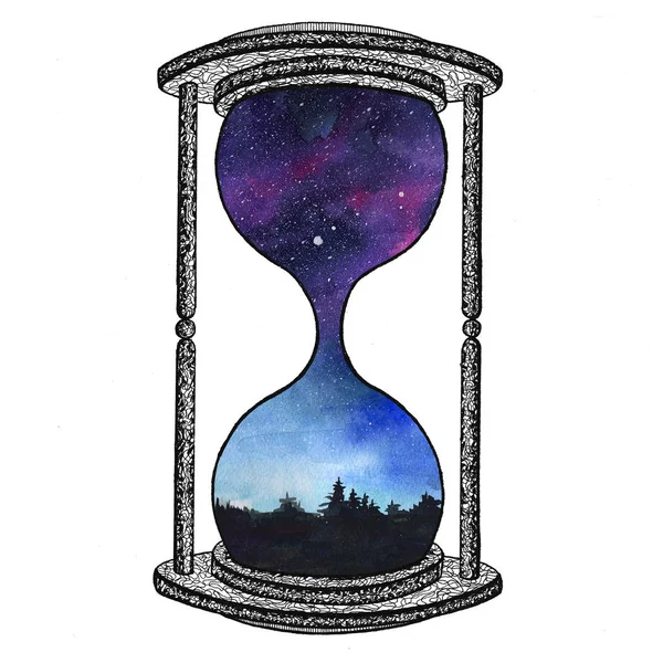 Hourglass on white background. Future concept. Sand clock with space galaxy inside. Realistic vintage hourglass for business project, t-shirt. — Stock Photo, Image