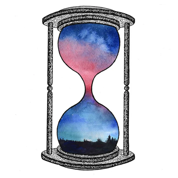 Hourglass on white background. Future concept. Sand clock with space galaxy inside. Realistic vintage hourglass for business project, t-shirt. — Stock Photo, Image