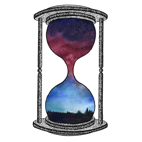 Hourglass on white background. Future concept. Sand clock with space galaxy inside. Realistic vintage hourglass for business project, t-shirt. — Stock Photo, Image