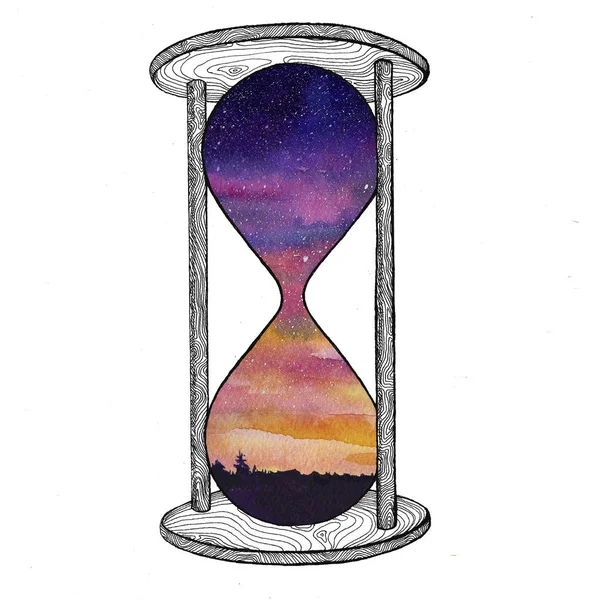Годинник на білому тлі. Концепція майбутнього. Піщаний годинник з космічною галактикою всередині. Реалістичний старовинний пісочний годинник для бізнес-проекту, футболка . — стокове фото