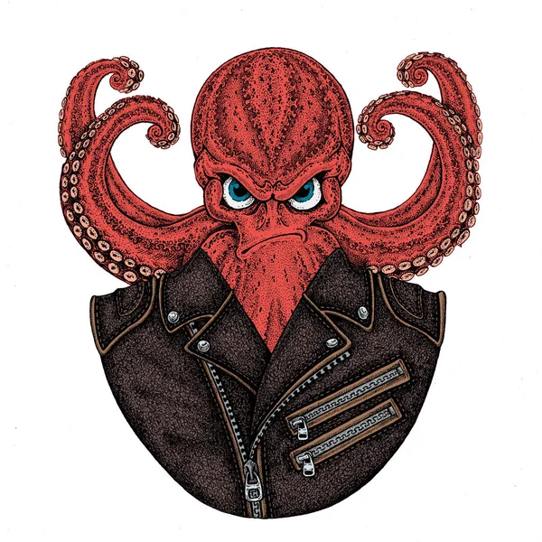Octopus. Vintage cartoon character. Octopus wearing biker motorcycle leather jacket. Fantasy creature for t-shirt, badge, logo, poster, emblem